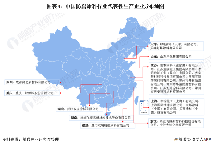 圖表4：中國防腐涂料行業(yè)代表性生產(chǎn)企業(yè)分布地圖