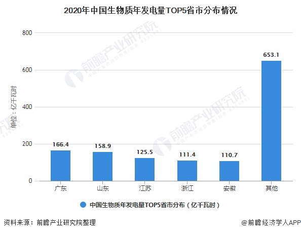 2020年中國生物質(zhì)年發(fā)電量TOP5省市分布情況