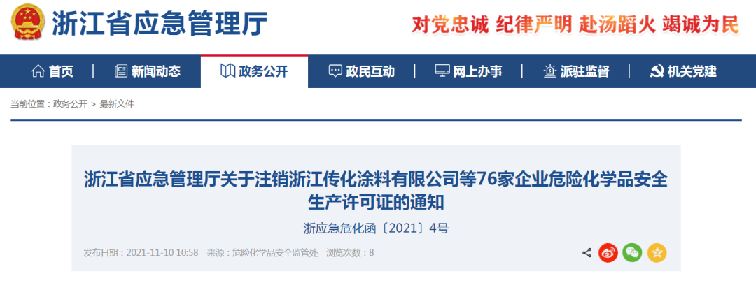 浙江76家企業(yè)危化品安全生產(chǎn)許可證注銷(xiāo)