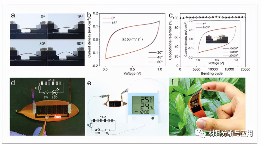 圖5、綠色柔性 FsLIG-MSCs 在天然葉片上的機(jī)械穩(wěn)定性和潛在應(yīng)用