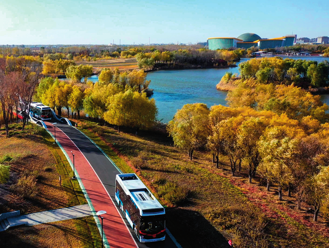 氫能公交車在吉林省白城市生態(tài)新區(qū)鶴鳴湖公園行駛