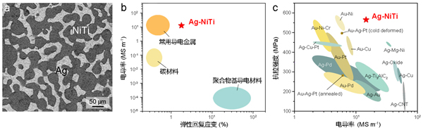 高彈性銀-鎳鈦電接觸材料的微觀三維互穿結構及其性能與現(xiàn)有材料的比較
