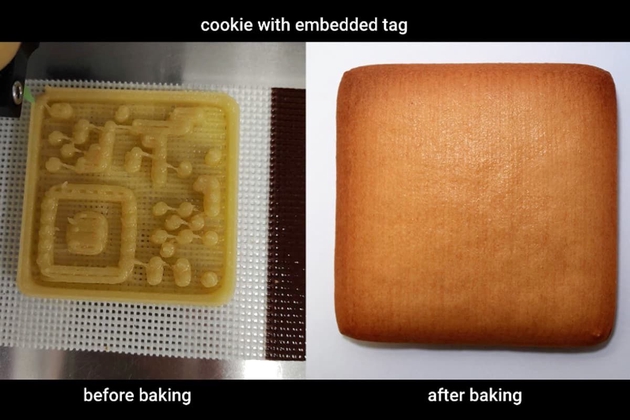 左圖為用3D打印機將可食用數(shù)據(jù)嵌入食品中