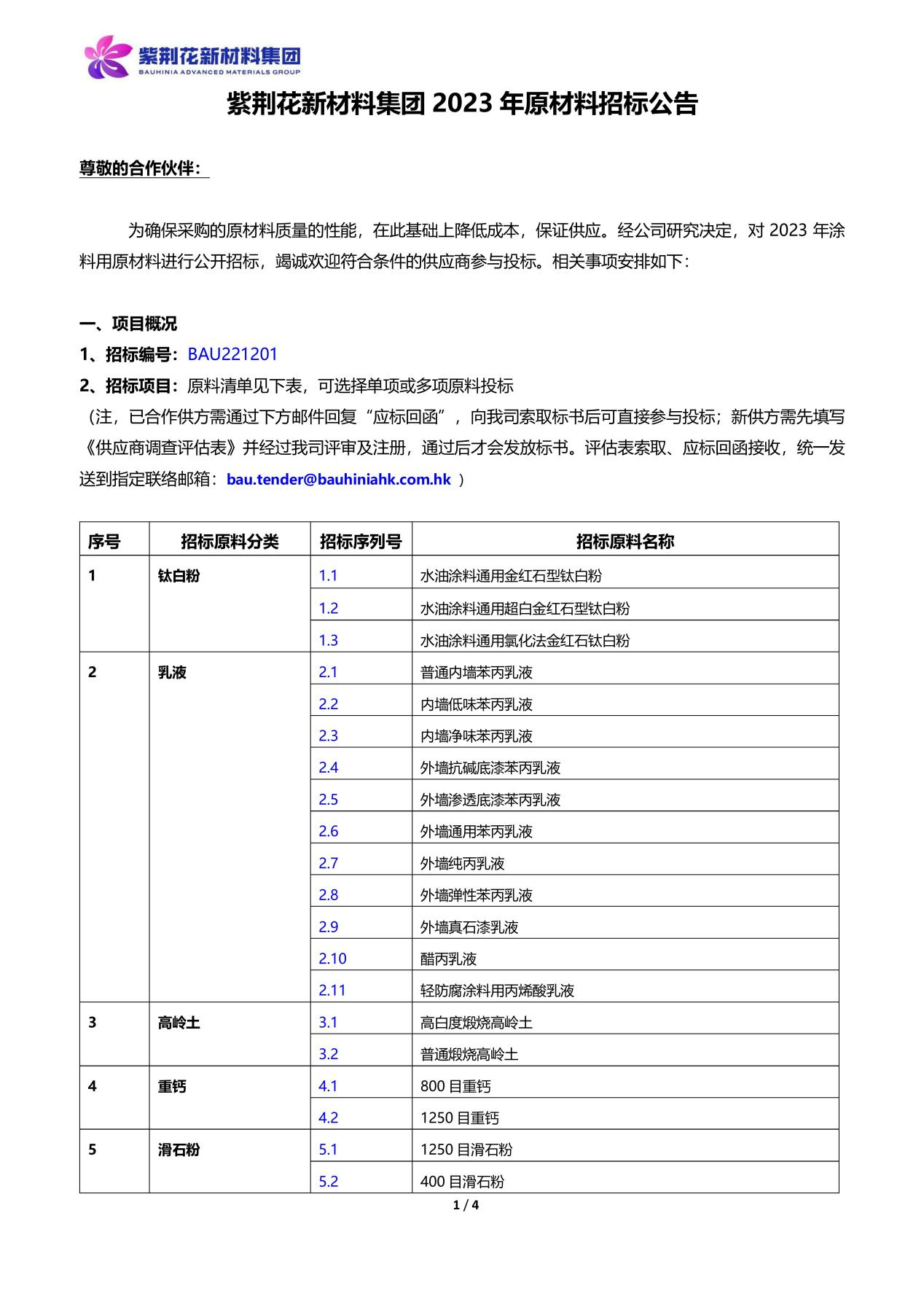 紫荊花新材料集團2023年原材料招標(biāo)通知